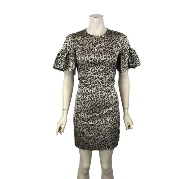 BANANA REPUBLIC - WOMENS 2 - BLACK BROWN LEOPARD PRINT SHORT RUFFLE SLEEVE DRESS - Picture 1 of 8